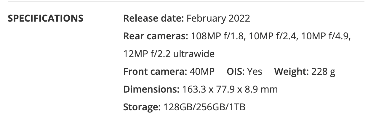 Samsung Galaxy S22 Ultra Specifications