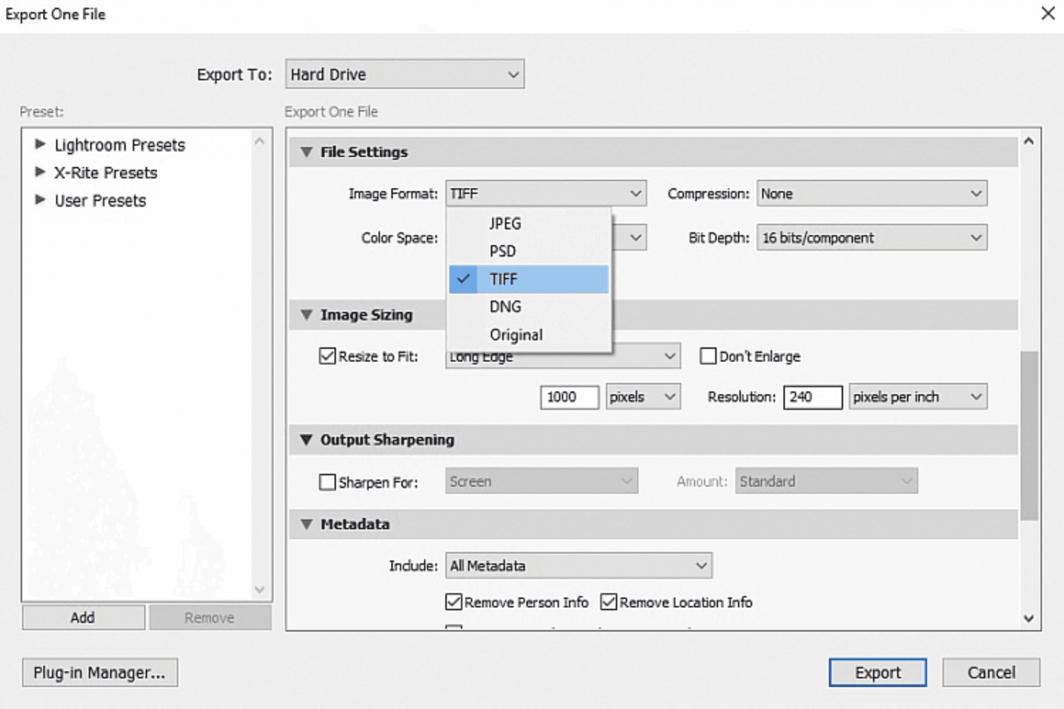 Light room image export settings