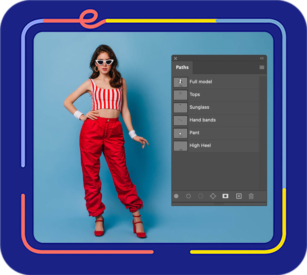 stylish-80s-woman-red-pants-striped-top-poses-blue-wall - Multiple clipping path services